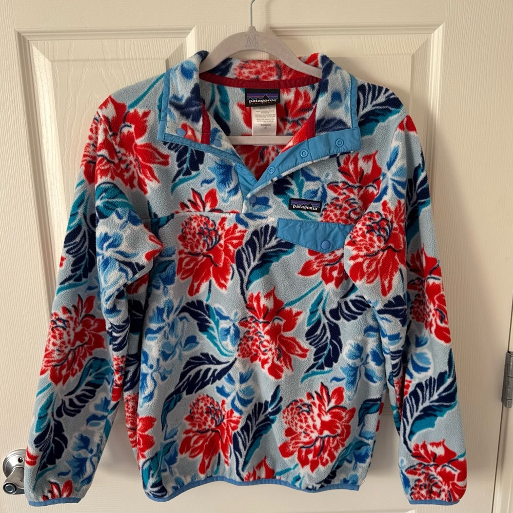 Patagonia Floral Fleece Pullover in Light Blue, Red, Navy
